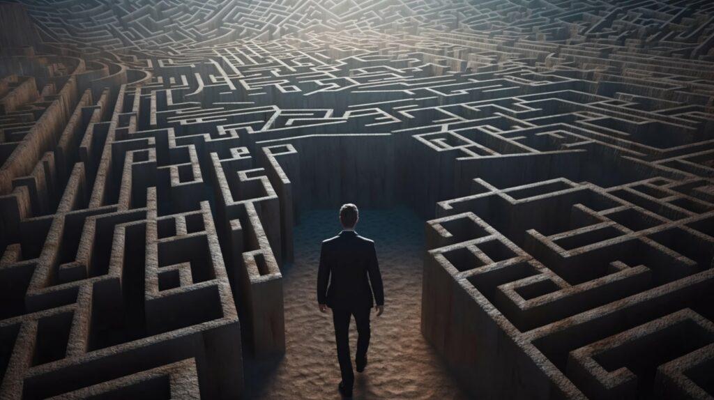 A man stands in a maze and thinks, view from the back. The concept of difficulty in making a decision. AI generated.
